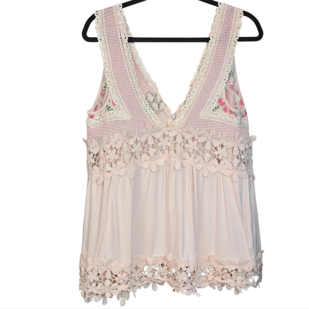 POL Boho Lace Crochet Tank Top Blush Pink Zip Back Floral Trim Festival Size Sm.